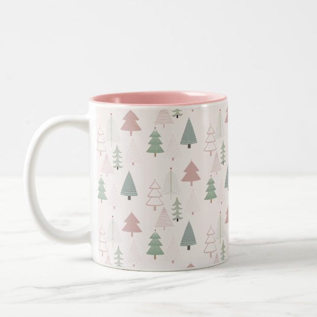 Modern Cute Christmas Forest Trees Pattern Two-Tone Coffee Mug (Left)