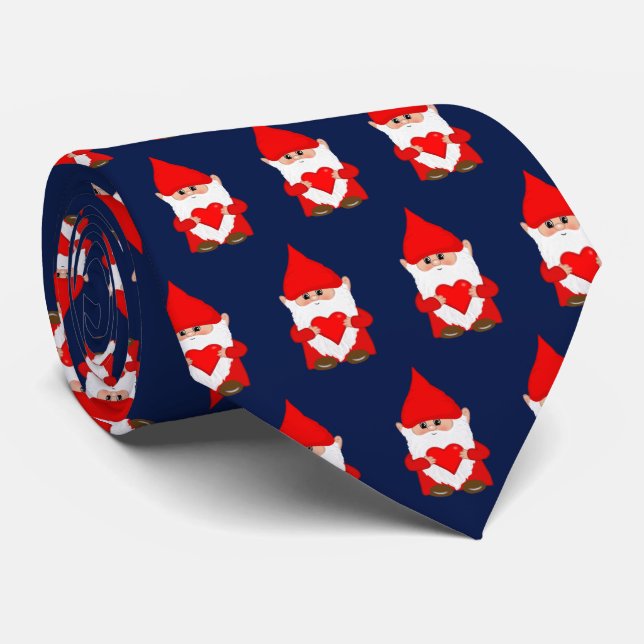 Modern Cute Christmas Gnome Pattern on Navy Blue Tie (Rolled)