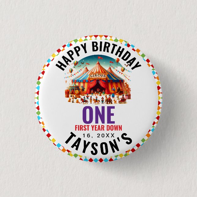 Modern Cute Circus Carnival 1st Birthday 1 Inch Round Button (Front)
