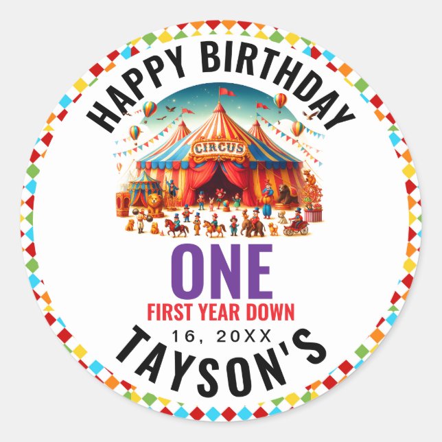Modern Cute Circus Carnival 1st Birthday Classic Round Sticker (Front)
