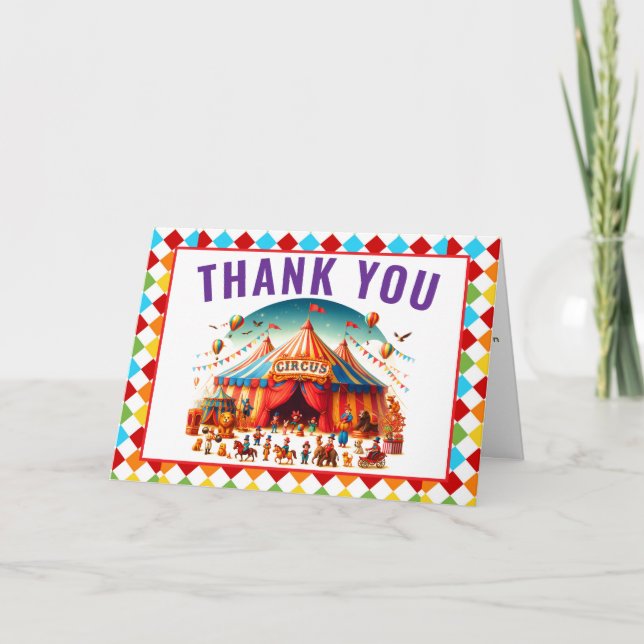 Modern Cute Circus Carnival 1st Birthday Thank You Card (Front)