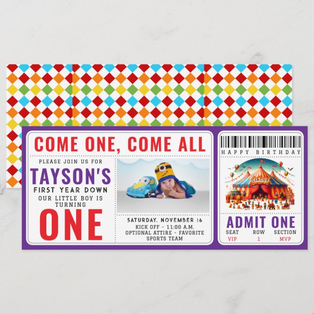 Modern Cute Circus Carnival 1st Birthday Ticket  Invitation (Front/Back)