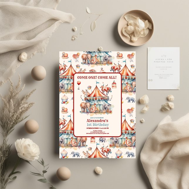 Modern Cute Circus Carnival Festival 1st Birthday Invitation (Creator Uploaded)