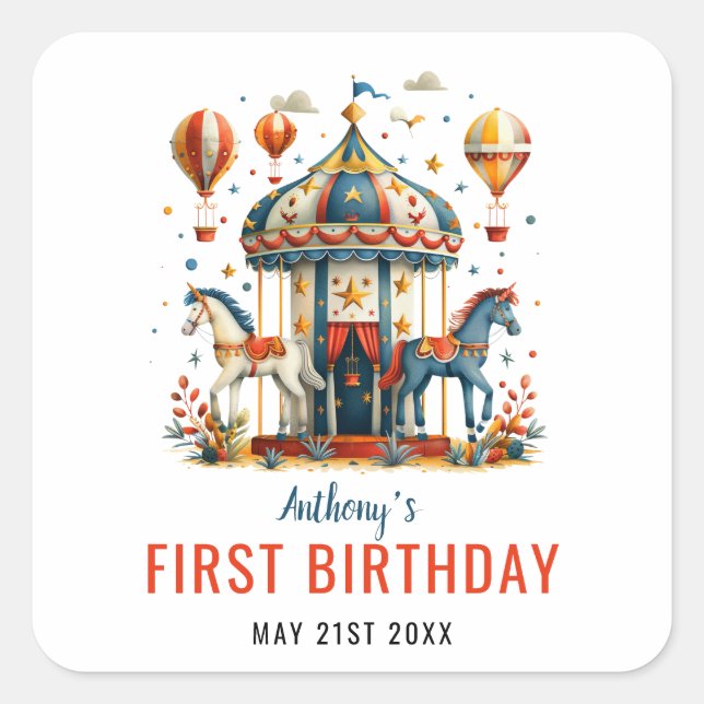 Modern Cute Circus Carnival Festival 1st Birthday  Square Sticker (Front)