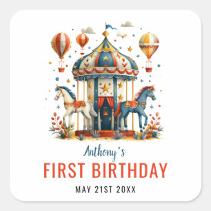Modern Cute Circus Carnival Festival 1st Birthday Square Sticker