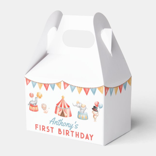 Modern Cute Circus Carnival Fiesta First Birthday Favor Box (Front Side)