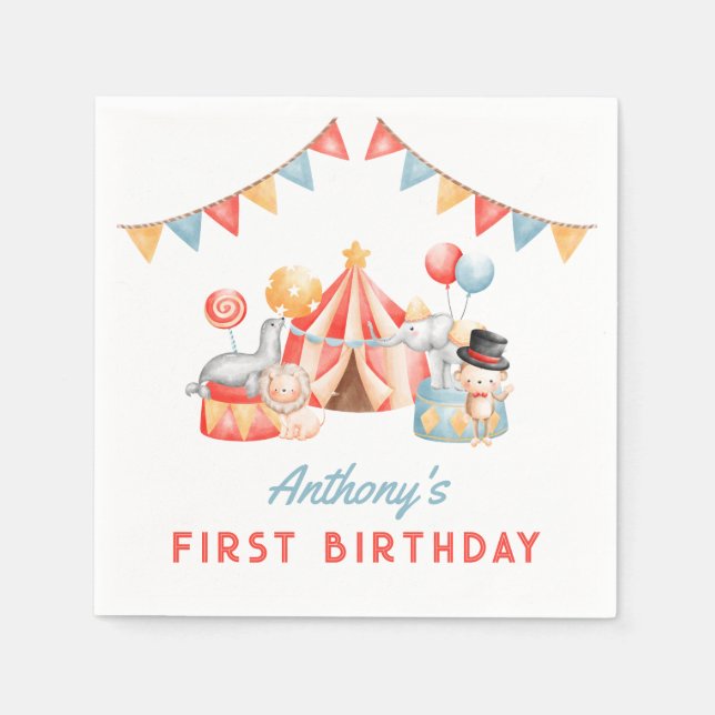 Modern Cute Circus Carnival Fiesta First Birthday Napkin (Front)