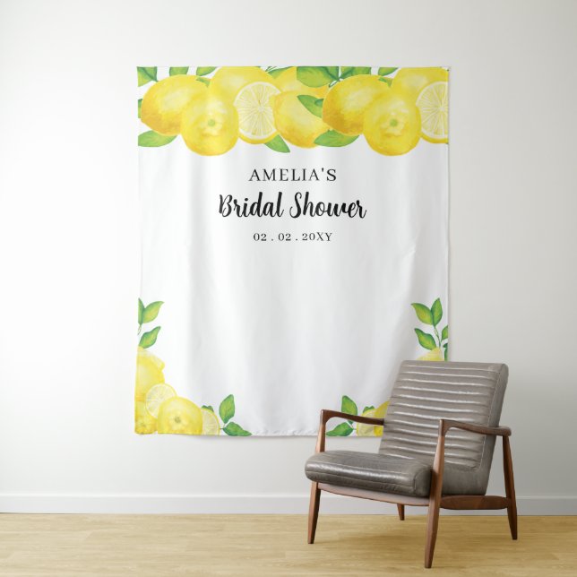 Modern Cute Citrus Lemon Bridal Shower Backdrop Tapestry (In Situ)
