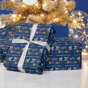 Modern Cute Colorful Merry Christmas Navy Blue Wrapping Paper