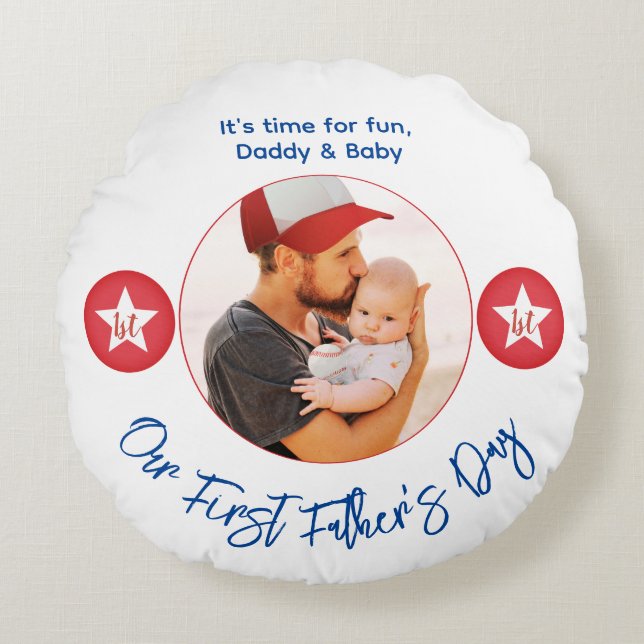 Modern Cute Cool Keepsake Photo First Fathers Day Round Pillow (Front)
