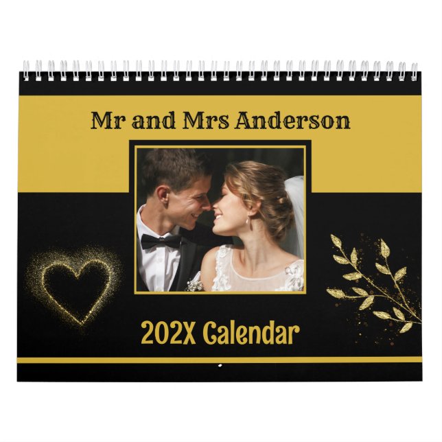 Modern Cute Couple Photo Mr & Mrs Black and Gold  Calendar (Cover)
