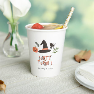 Modern Cute Creepy Halloween First Birthday Orange Paper Cups