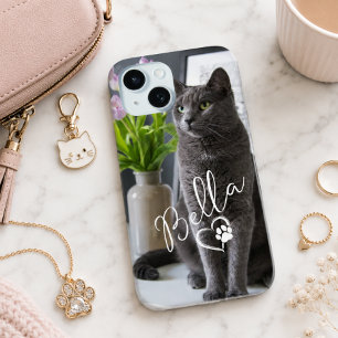 Modern Cute Custom Pet Photo & Name with Heart Paw iPhone 15 Case