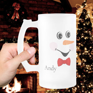 Modern Cute Custom Smiling Snowman face Frosted Glass Beer Mug