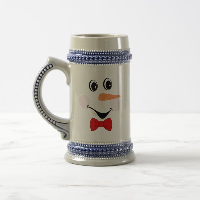 Modern Cute Custom Smiling Snowman Red Blue Beer Stein (Left)