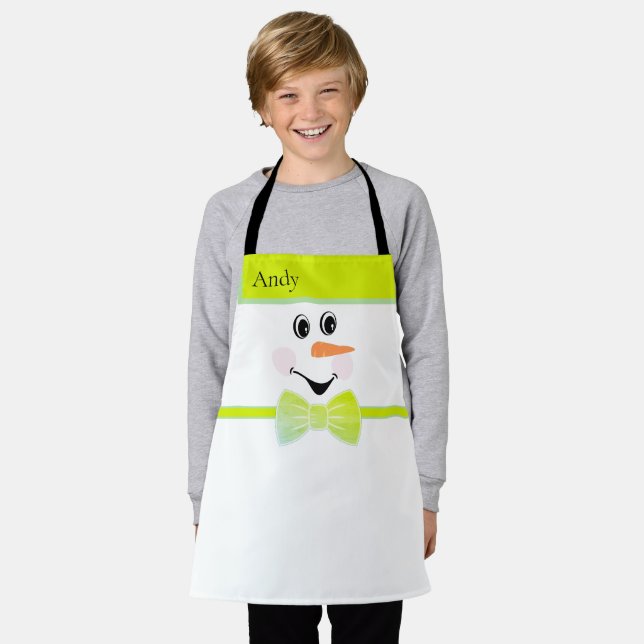 Modern Cute Custom Snowman face Green Bow Apron (Worn)