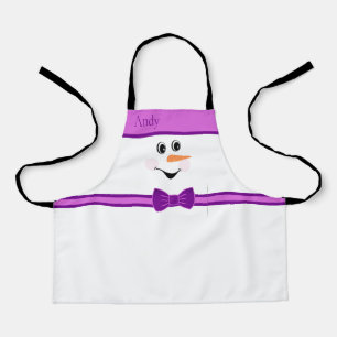 Modern Cute Custom Snowman Face Purple Bowtie  Apron