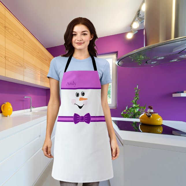 Modern Cute Custom Snowman Face Purple Bowtie  Apron (Creator Uploaded)