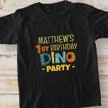 Modern Cute Dino Dinosaur Kid's Birthday Party T-Shirt<br><div class="desc">Composed of fun sans serif handwritten typography; Cute T-REX dinosaurs in the backgroud

This is designed by Select Party Supplies,  exclusive for Zazzle.

Available here:
http://www.zazzle.com/store/selectpartysupplies</div>