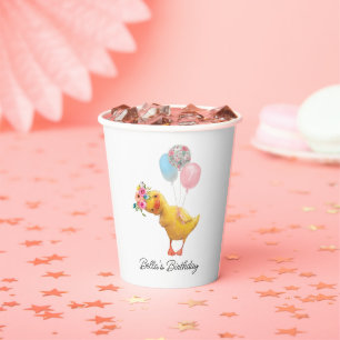 Modern Cute Duck Floral Crown 1st Birthday Paper Cups