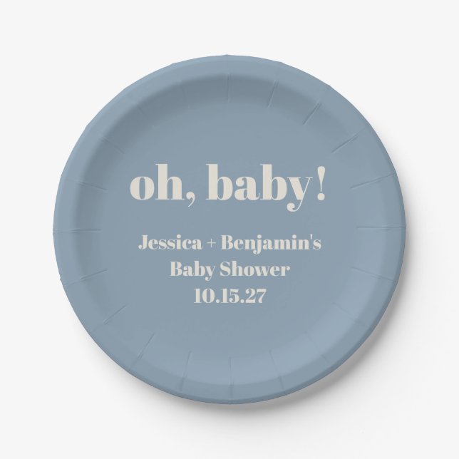 Modern Cute Dusty Blue Baby Shower Custom Name Paper Plate (Front)
