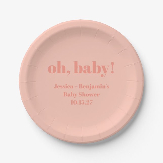 Modern Cute Dusty Peach Baby Shower Custom Name Paper Plate (Front)