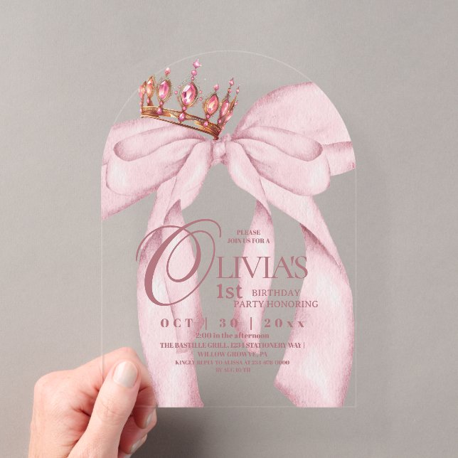 Modern Cute Dusty Pink Bow 1st Birthday  Acrylic Invitations (Insitu (Handheld))