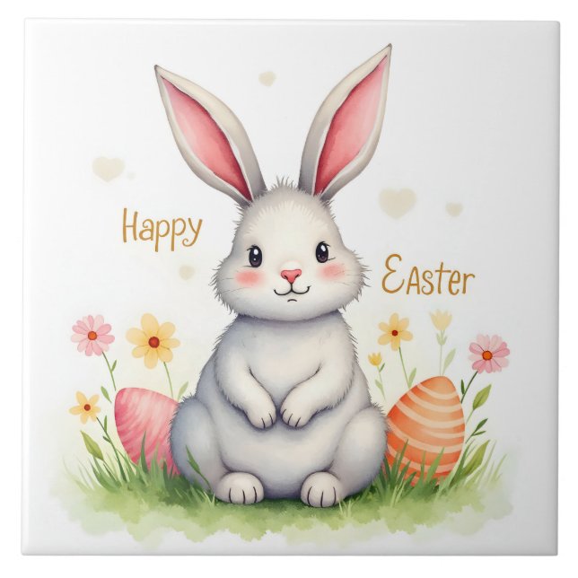 Modern Cute Easter Bunny And Eggs Collection Tile (Front)