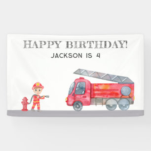 Modern Cute Fireman Firetruck Boys birthday Party Banner