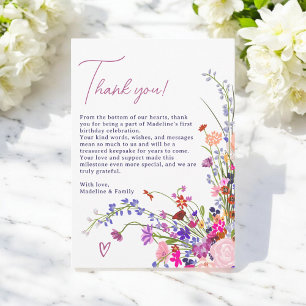 Modern Cute Floral Wildflowers 1st birthday Thank You Card