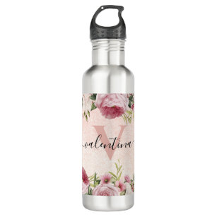 Modern cute girly Pink Glitter Rose Gold floral 710 Ml Water Bottle