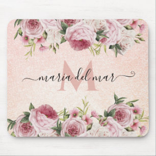 Modern cute girly Pink Glitter Rose Gold floral Mouse Pad