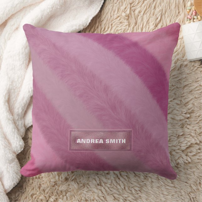 Modern Cute Girly Pink Stripe Fur Personalized  Throw Pillow (Blanket)