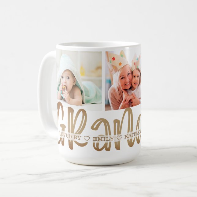 Modern Cute GRANDMA 3 Photo Personalized Gold Coffee Mug (Front Left)
