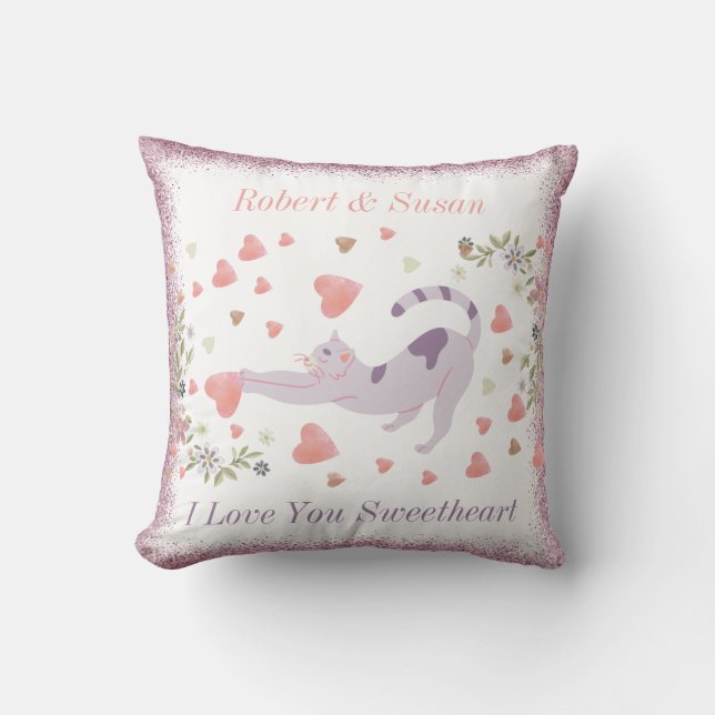 Modern Cute Hearts Script Couple Valentines Day Throw Pillow (Front)