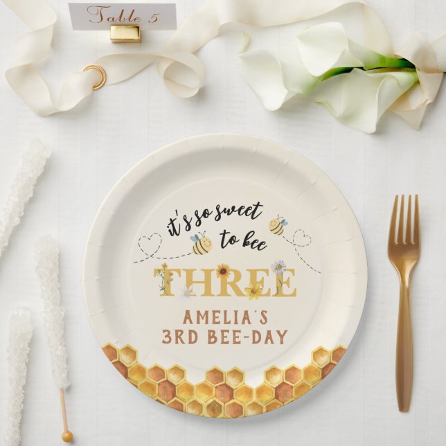Modern Cute It’s so sweet to bee third birthday Paper Plate (Wedding)