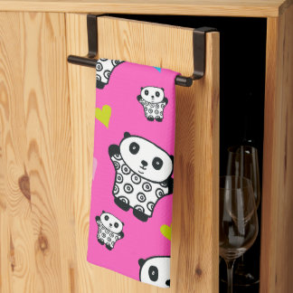 Modern Cute Kawaii Panda Pink Hearts Kitchen Towel