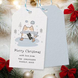 Modern Cute Kawaii Skating Cat Christmas Greetings Gift Tags