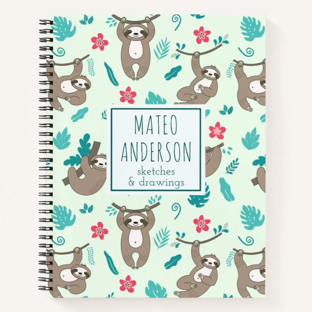 Modern Cute Kawaii Sloths Personalized Name  Notebook (Front)