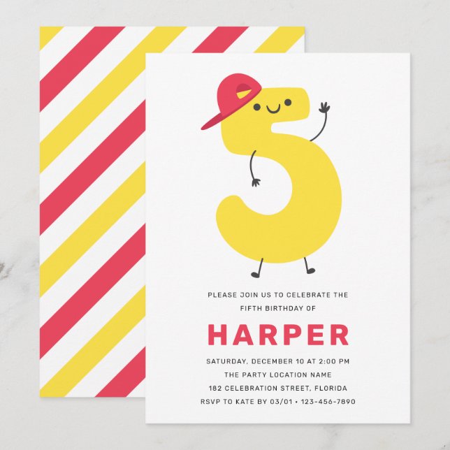 Modern Cute Kids 5th Birthday Invitation (Front/Back)