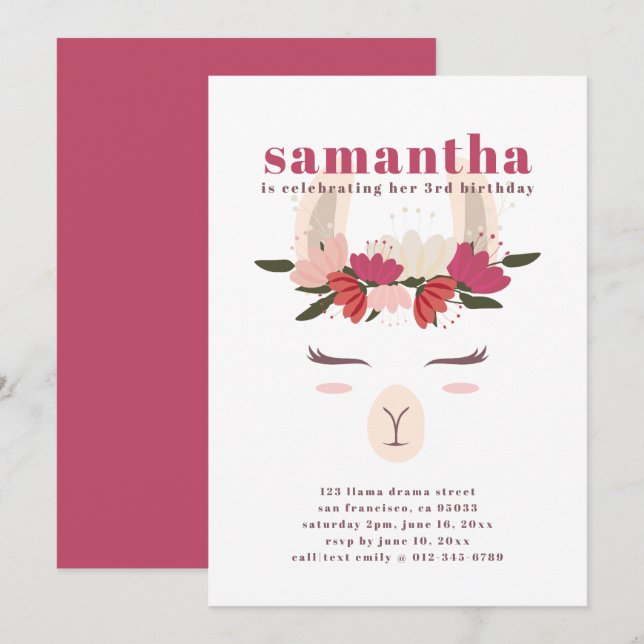 Modern Cute Llama Birthday Invitation (Front/Back)