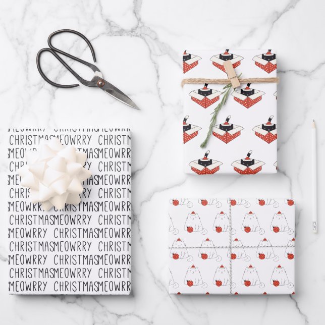 Modern Cute Meowy Christmas Cat Holiday Wrapping Paper Sheet (Front)