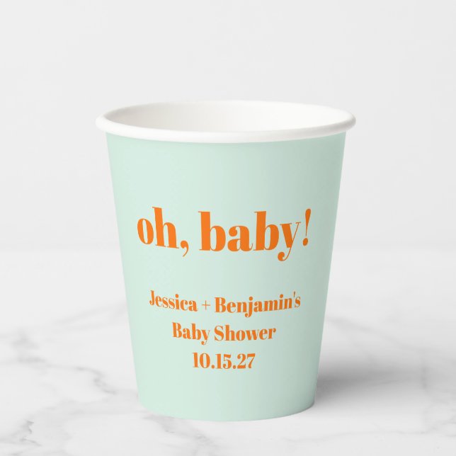 Modern Cute Mint Orange Baby Shower Custom Name Paper Cups (Front)