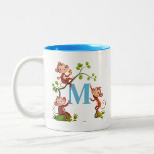 Modern Cute Monkeys and Turquoise Initial Mug