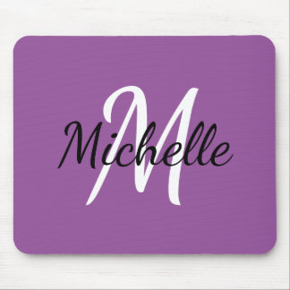 Modern Cute Monogram Initial + Name Purple & White Mouse Pad