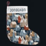 Modern Cute Nordic Whimsical Winter Night Town Small Christmas Stocking<br><div class="desc">Customizable name stocking with the modern nordic pattern of whimsical hand-painted cozy houses and snowy trees in the winter night in blue,  red,  white,  and beige colours.</div>