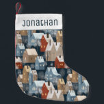 Modern Cute Nordic Whimsical Winter Night Town Small Christmas Stocking<br><div class="desc">Customizable name stocking with the modern nordic pattern of whimsical hand-painted cozy houses and snowy trees in the winter night in blue,  red,  white,  and beige colours.</div>