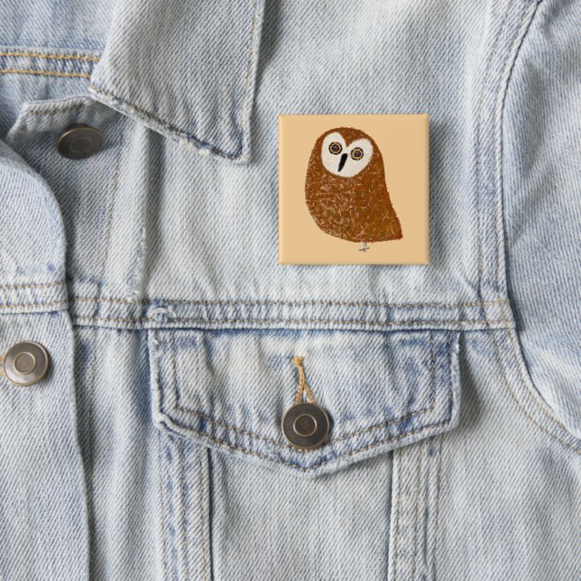 Modern cute northern saw-whet owl 2 inch square button (In Situ)
