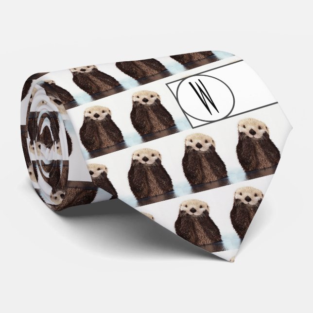 Modern Cute Otter Pattern Monogrammed fun Tie (Rolled)
