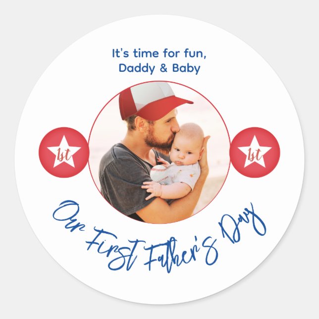 Modern Cute Papa Keepsake Photo First Fathers Day Classic Round Sticker (Front)